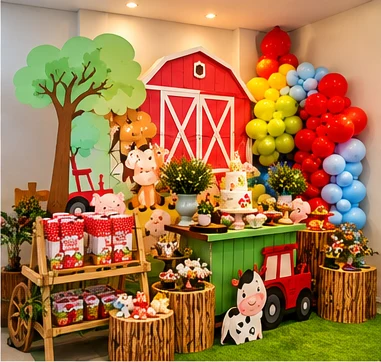 Decoração fazendinha com celeiro vermelho, trator e balões coloridos
