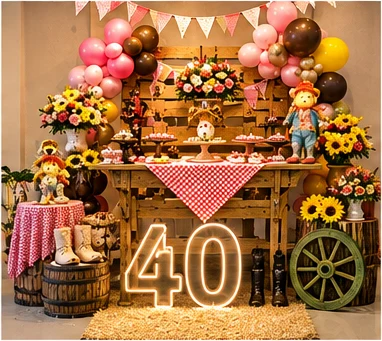Decoração rústica para 40 anos com girassóis, bandeirinhas e roda de carroça