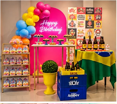Decoração de festa adulta com tema de futebol brasileiro e bandeira do Brasil