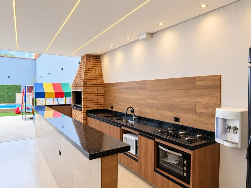 Área gourmet do Lugami com churrasqueira de tijolinhos, bancada com pia, cooktop e forno