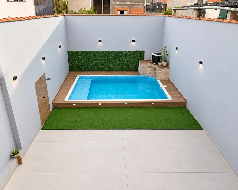 Vista de cima da piscina aquecida com deck de madeira e grama sintética